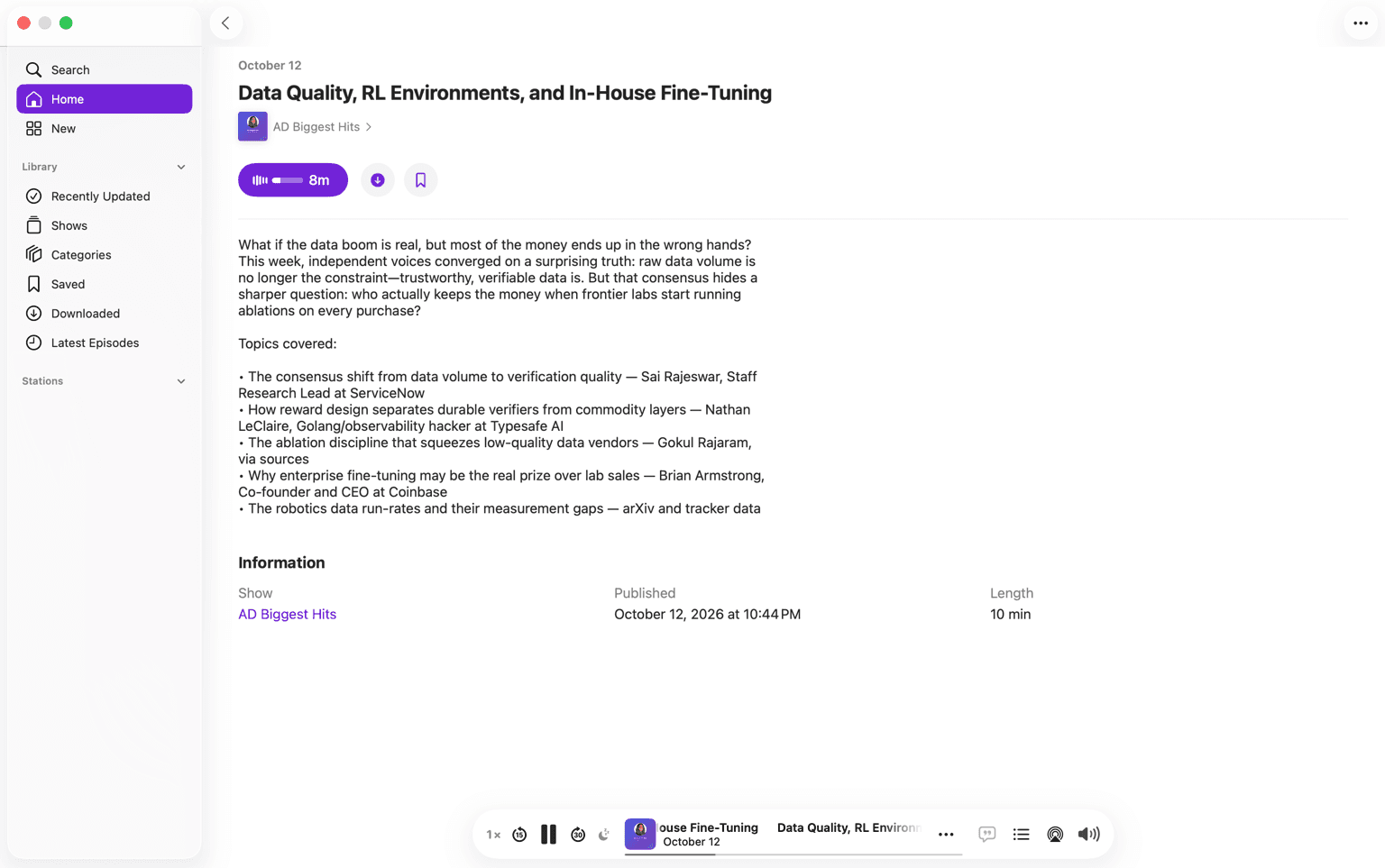 A Bookmarked episode playing in Apple Podcasts, with its description and the topics and people it covers
