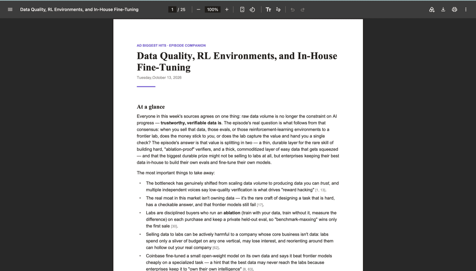 First page of an episode companion PDF with an 'At a glance' summary and cited takeaways