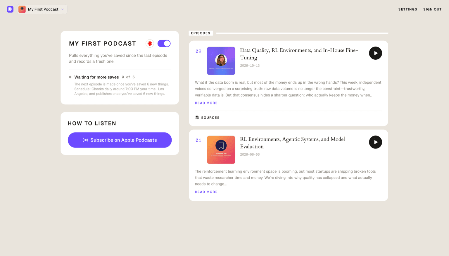 Bookmarked dashboard listing two episodes with cover art, play buttons and a sources link