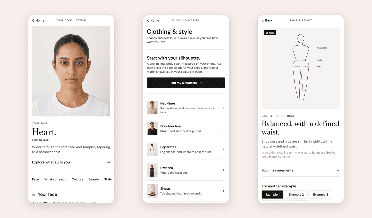 Three Àva screens: the full consultation, the Clothing & style area, and a sample body proportions result