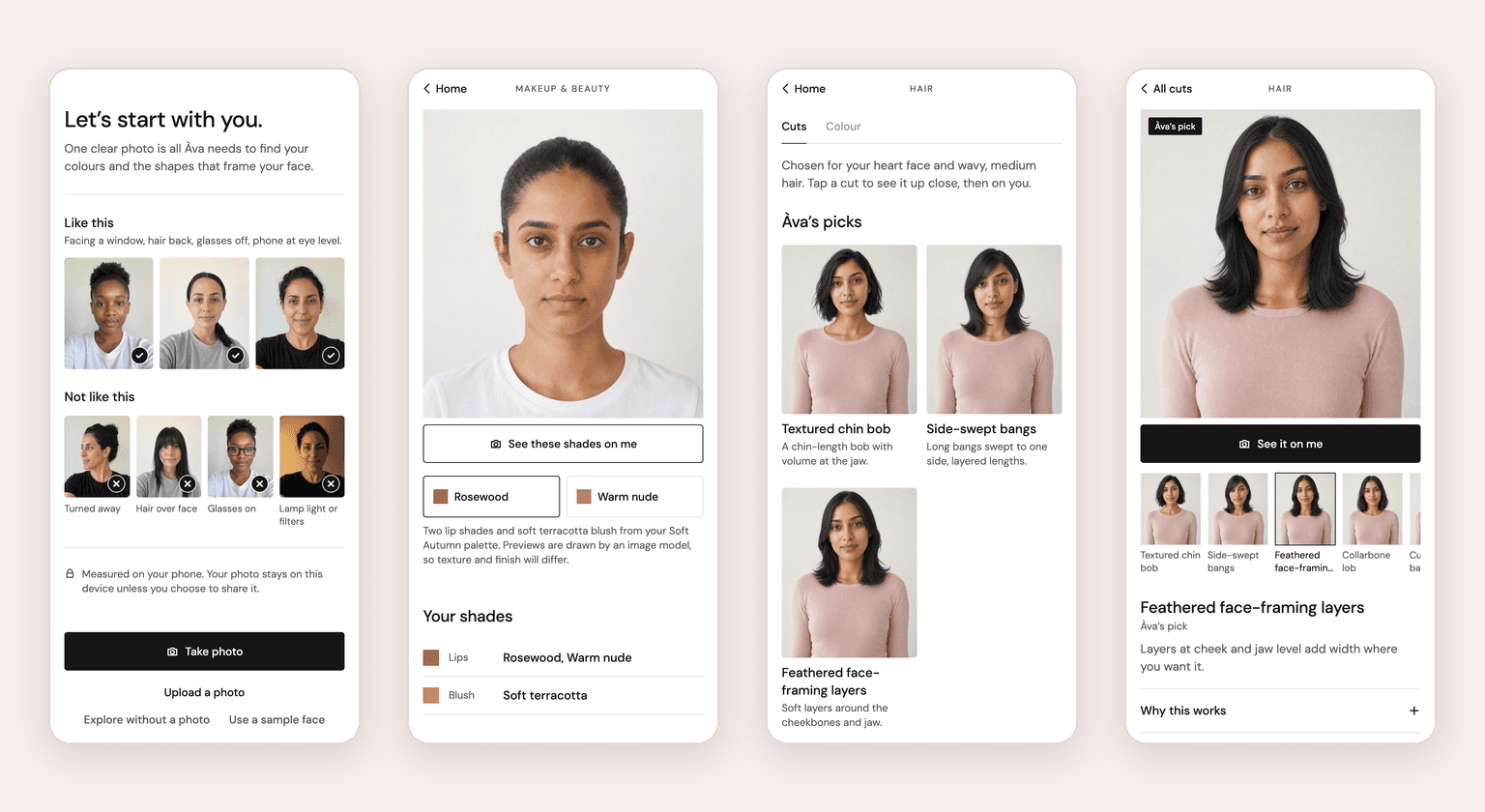 Four Àva screens: the selfie guide, makeup shades, the hair cut menu with Àva's picks, and a cut shown up close